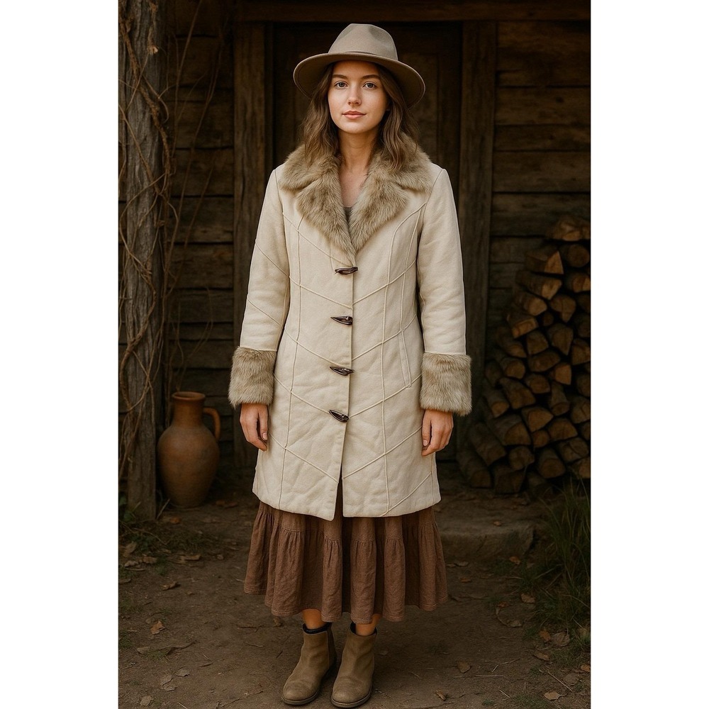 Montanaco Patchwork Faux Suede Fur Trim Midi Coat Toggle Close Penny‎ Lane Y2K M